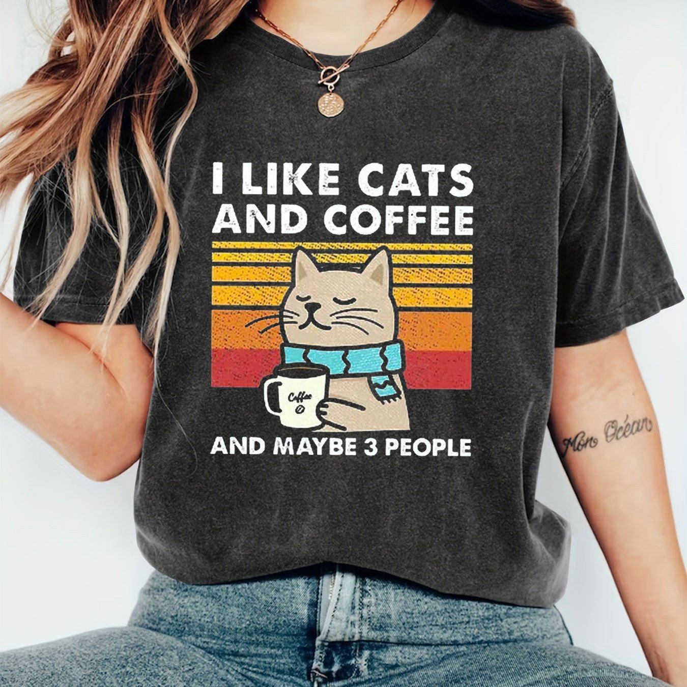 TEMU Cat & Coffee Print Crew Neck T-shirt, Short Sleeve Casual Top For Spring & Summer, Women's Clothing