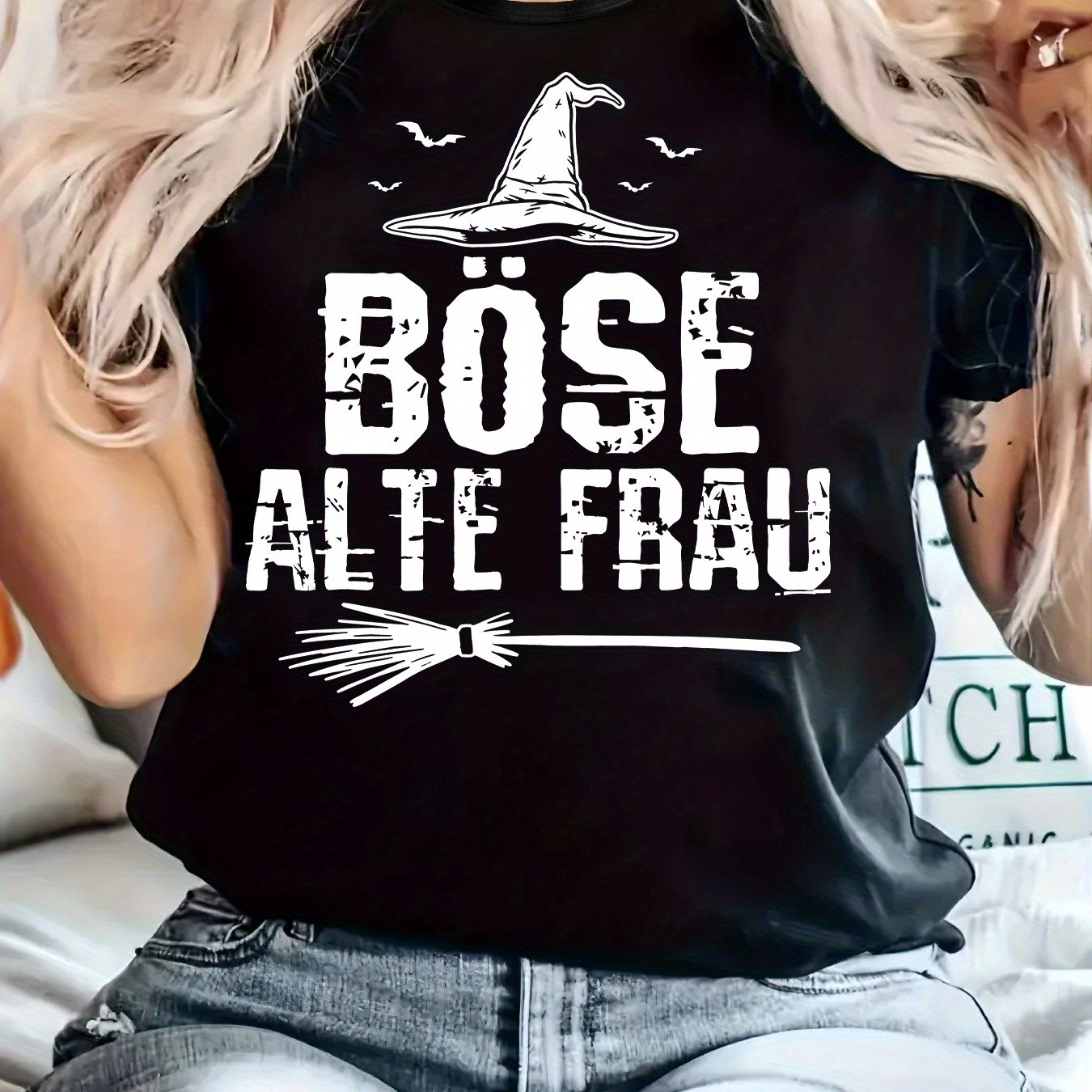 TEMU Women's Alte Frau Graphic T-shirt - Black Casual Crew Neck Short Sleeve Tee With Hat & Broomstick Design, Fashion Top, Ladies T Shirts, For