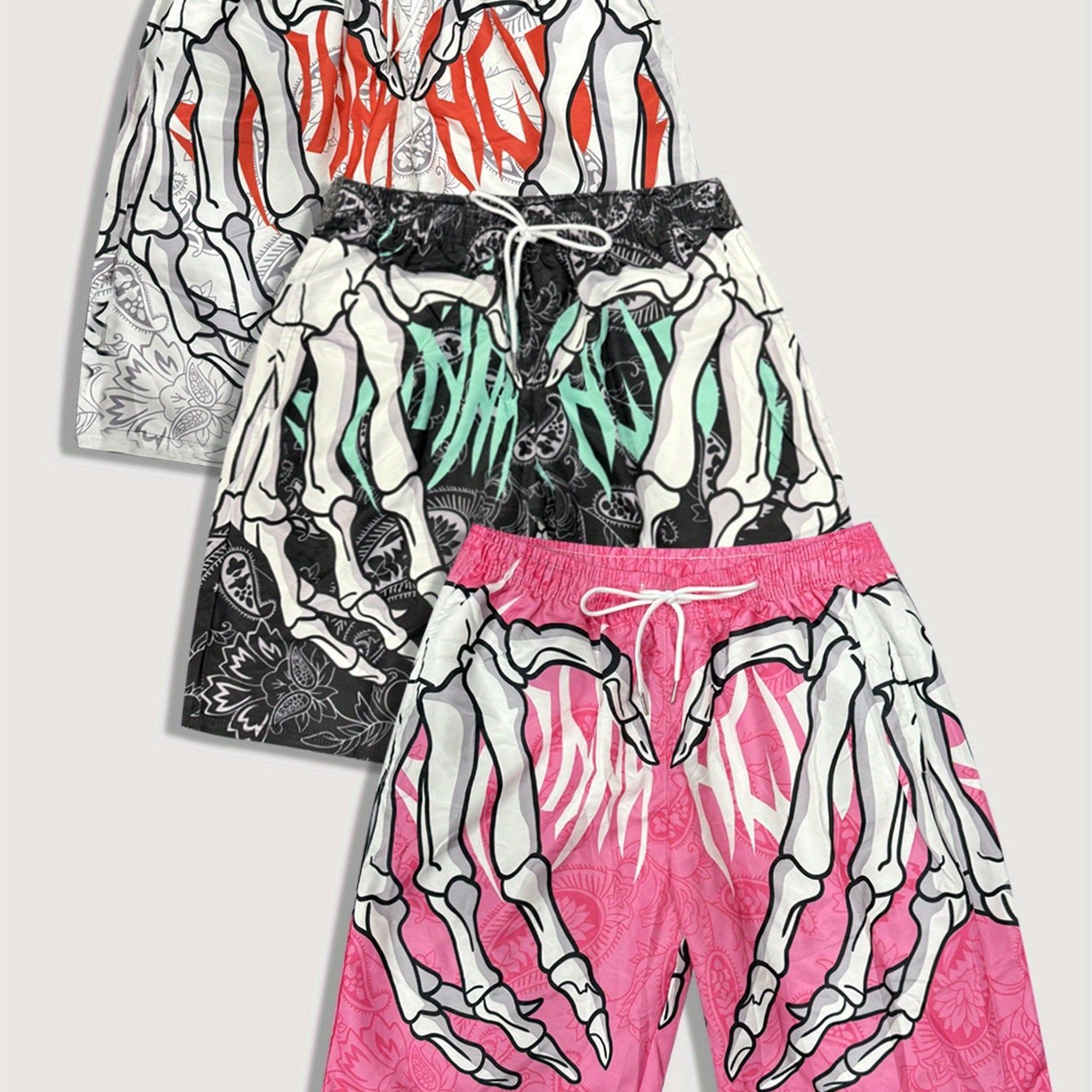 TEMU 3pcs Men's Trendy Skeleton Pattern Print , Pocket Drawstring Beach Shorts For Summer , Hawaiian Shorts