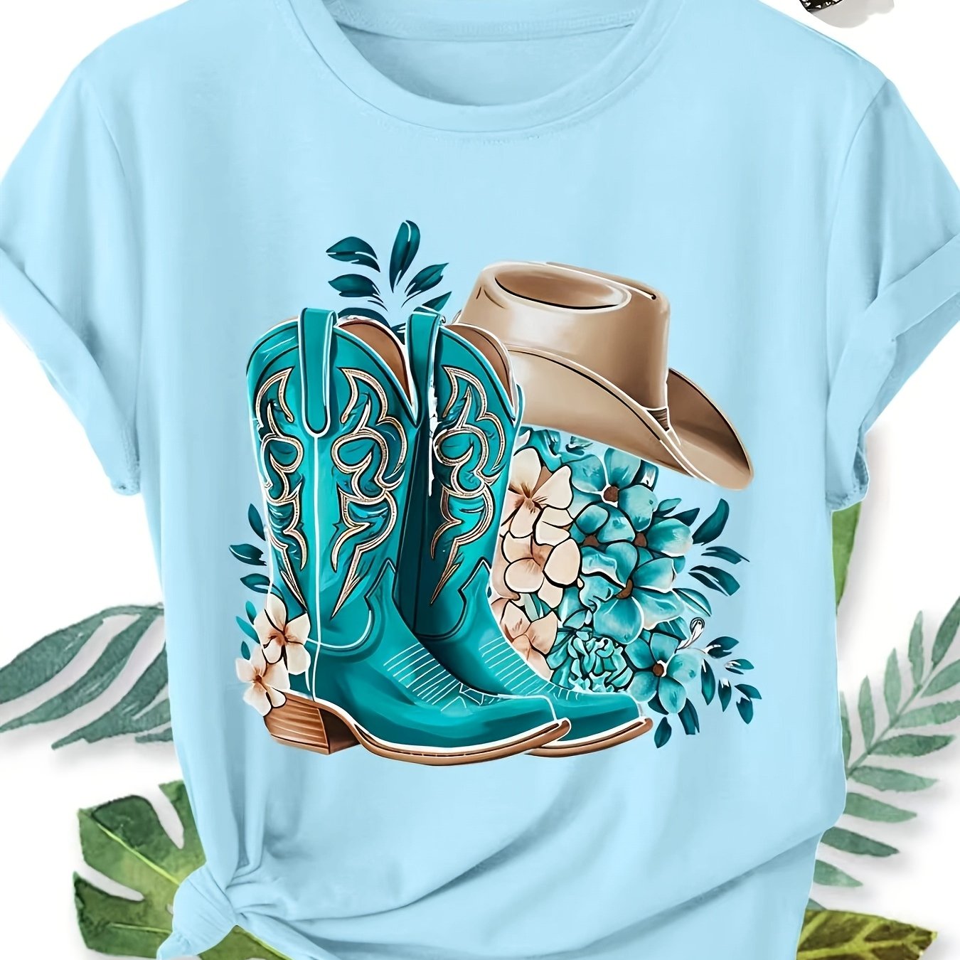TEMU Women's Elegant Plus Size Short-sleeved Turquoise Cowboy Boots Cowboy Hat Floral Print Crew Neck Women's Comfortable Soft Breathable And Summer