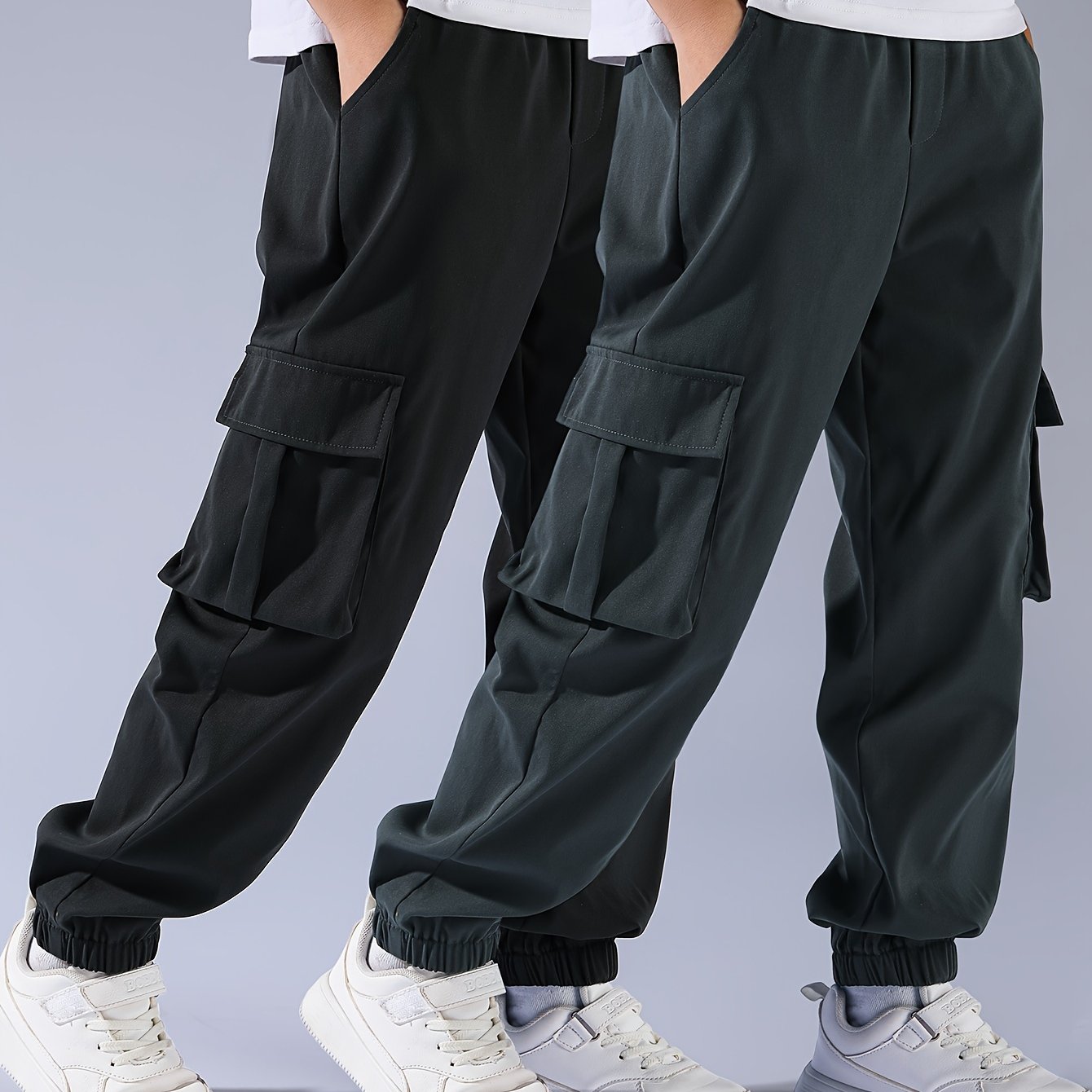 Image of 2pcs Set Boys' Pocket Elastic Cargo Pants Combination Set Fashion Trendy Casual Comfortable Spring Summer Fall Winter New, For Outdoor