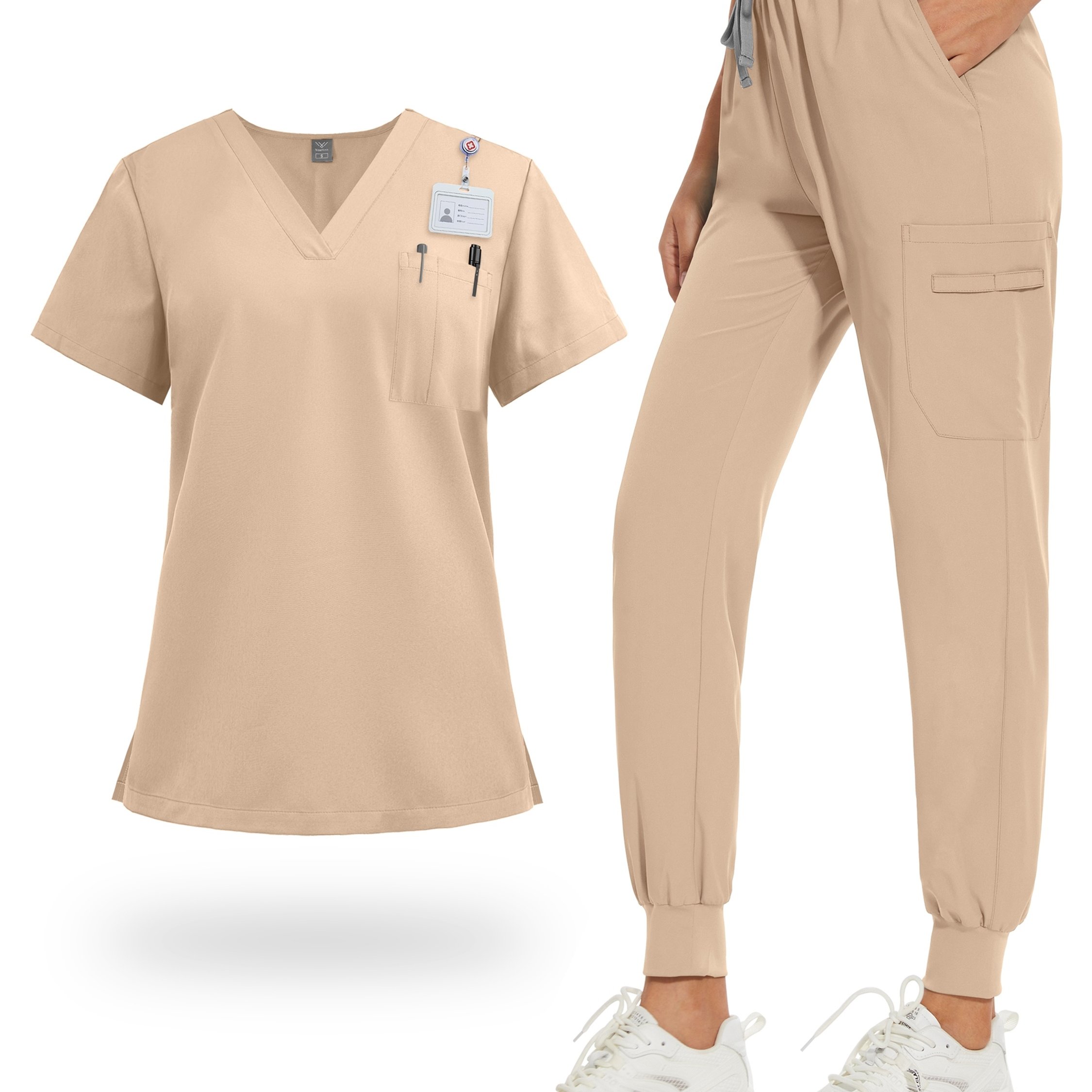 Image of Hospital Scrub Suits Uniform Women Work Wear Nurse Accessories Dental Scrub Top And Pants Sets | Elegant V-neck Solid Color With Pockets, Regular Length, Short Sleeves