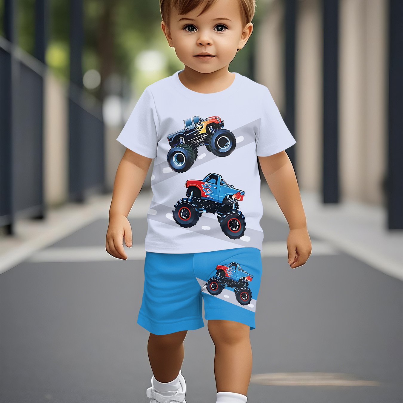 Image of Baby Clothes,summer Short-sleeved Set For Boys, Featuring Trendy Mountain-terrain Off-road Vehicle Print, Stylish And Comfortable Short-sleeved Set, Perfect For Outdoor,newborn/toddler Necessities