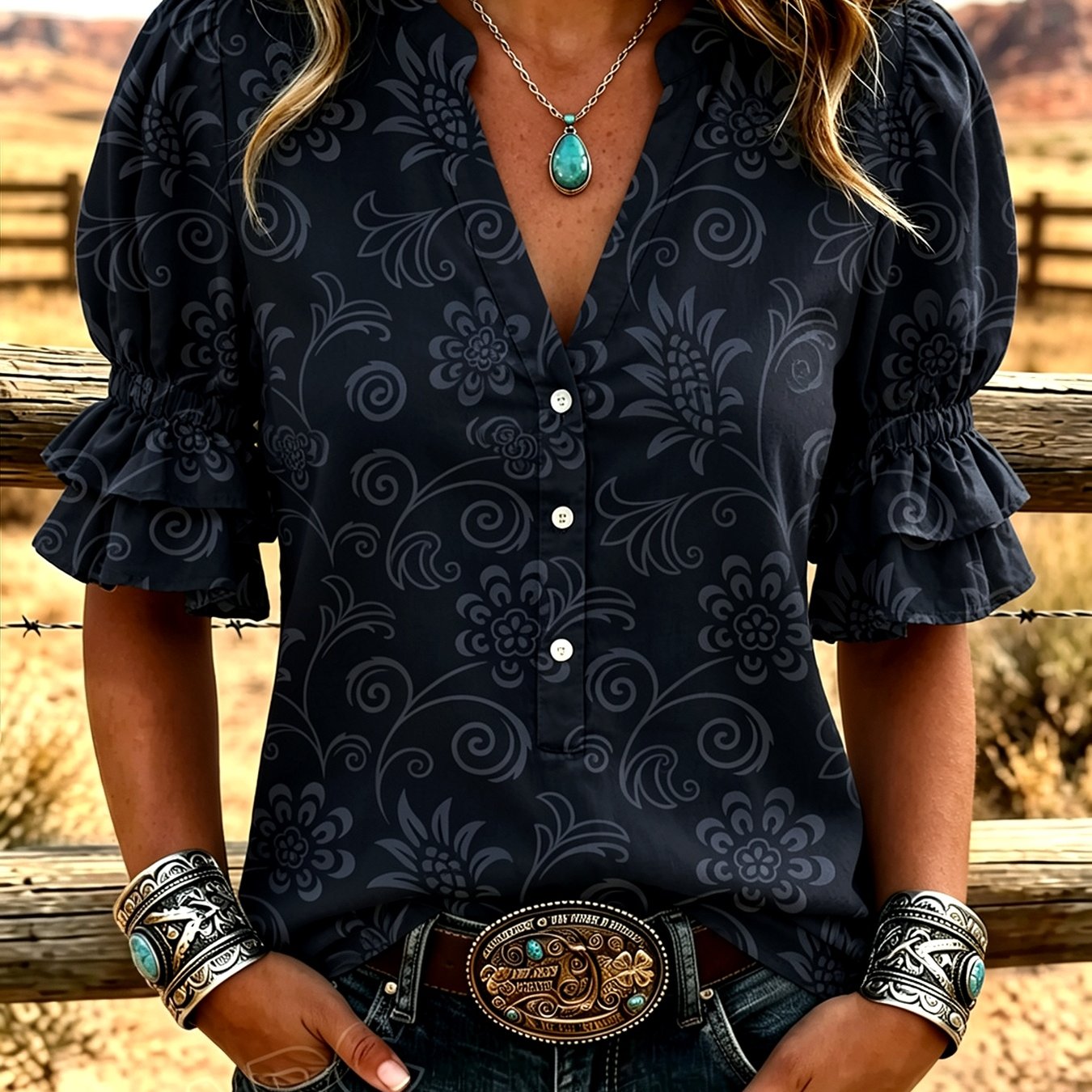 Image of Women's Summer V-neck Partial Button Blouse Dark Floral Swirl Print, Puff Sleeves With Cuffs Elegant Casual Machine Washable Suitable For Daily Wear Party Gatherings Perfect Gift