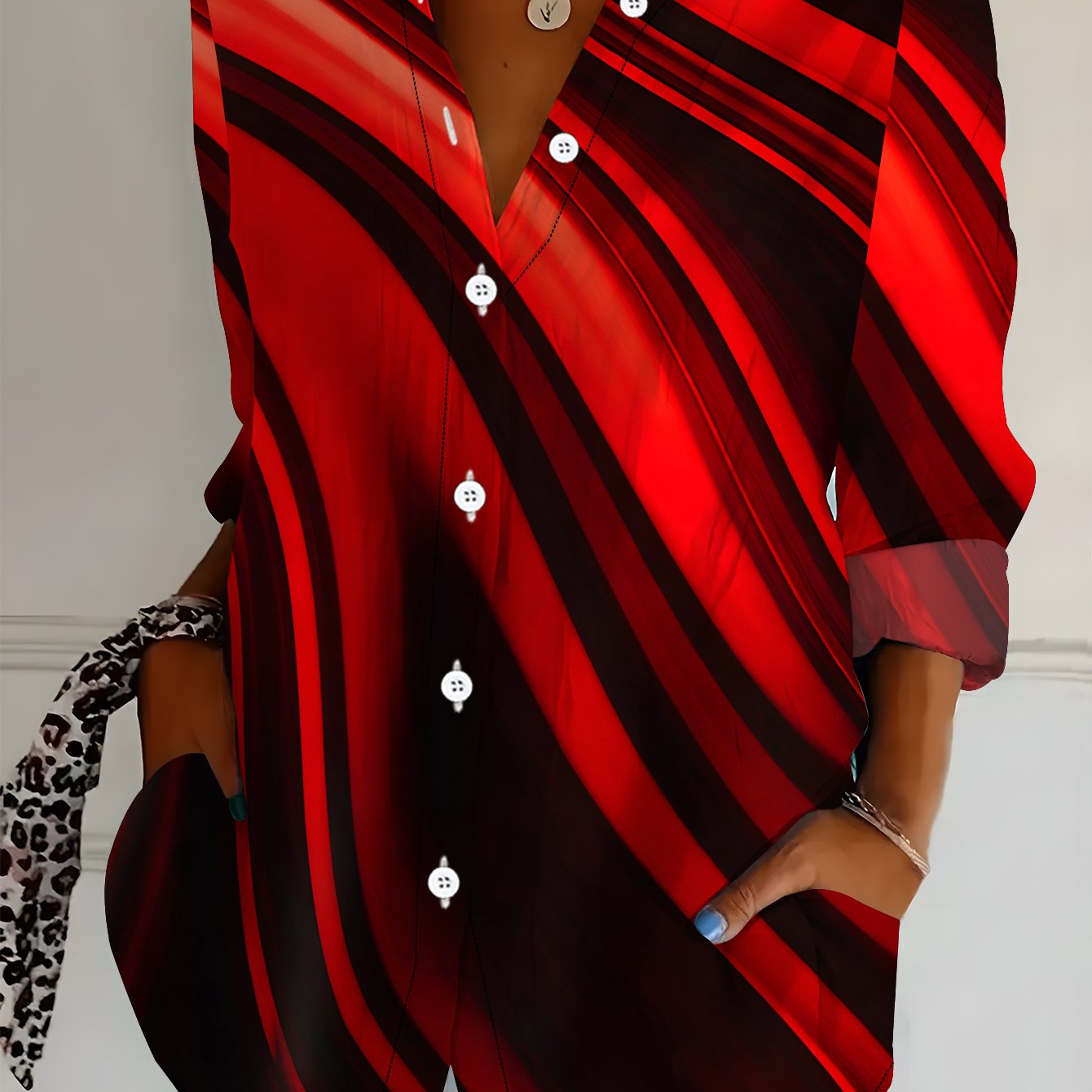 TEMU Plus Size, Plus Size Women's Long Sleeve Shirt, Dynamic Ripple Print Loose Fit Shirt, Red And Black Striped Mid-length Lapel Collar Shirt For
