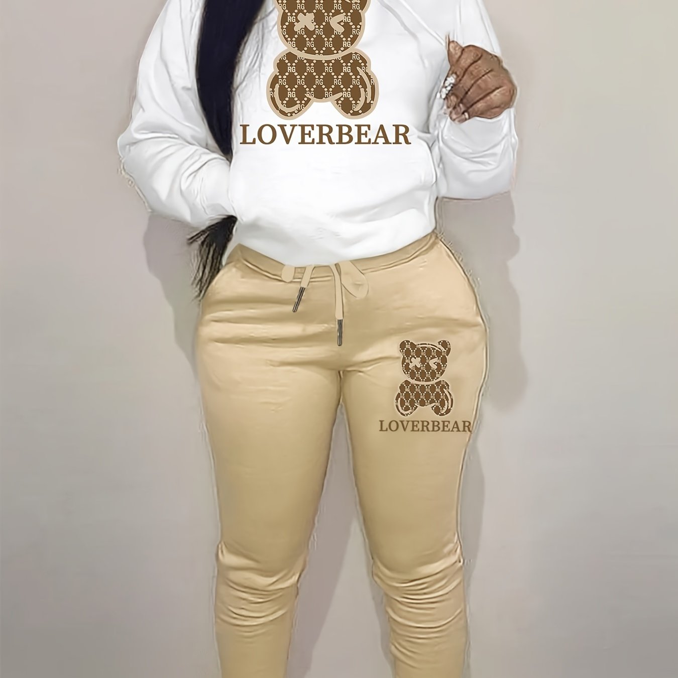 Cartoon Bear Print Two piece Set Drawstring Long Sleeve - Temu Canada