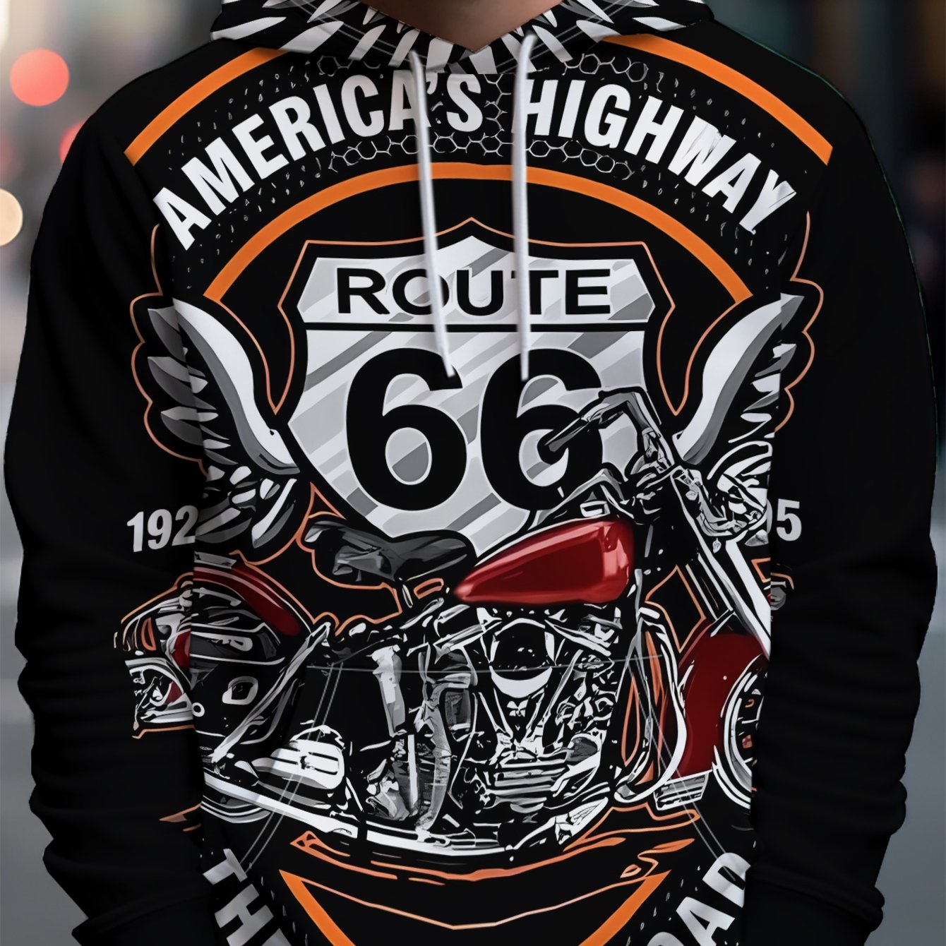 TEMU Spring/autumn Men's Motorcycle Print Hooded Pullover Sweatshirt, Casual Retro Highway Style Top