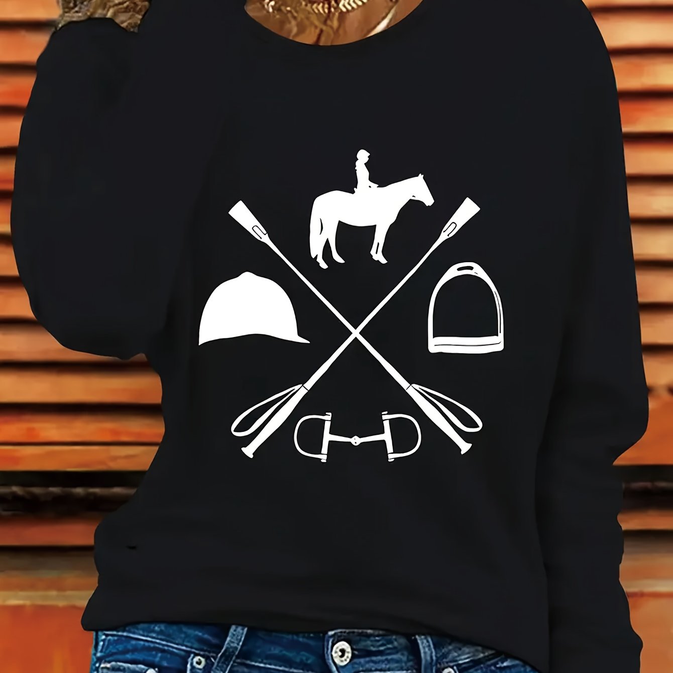 TEMU Women's Outdoor Graphic Long Sleeve Shirt - Riding, Canoe & Horseshoe Print - Stretchy Casual Round Neck Top For Riding, Camping & Casual Attire