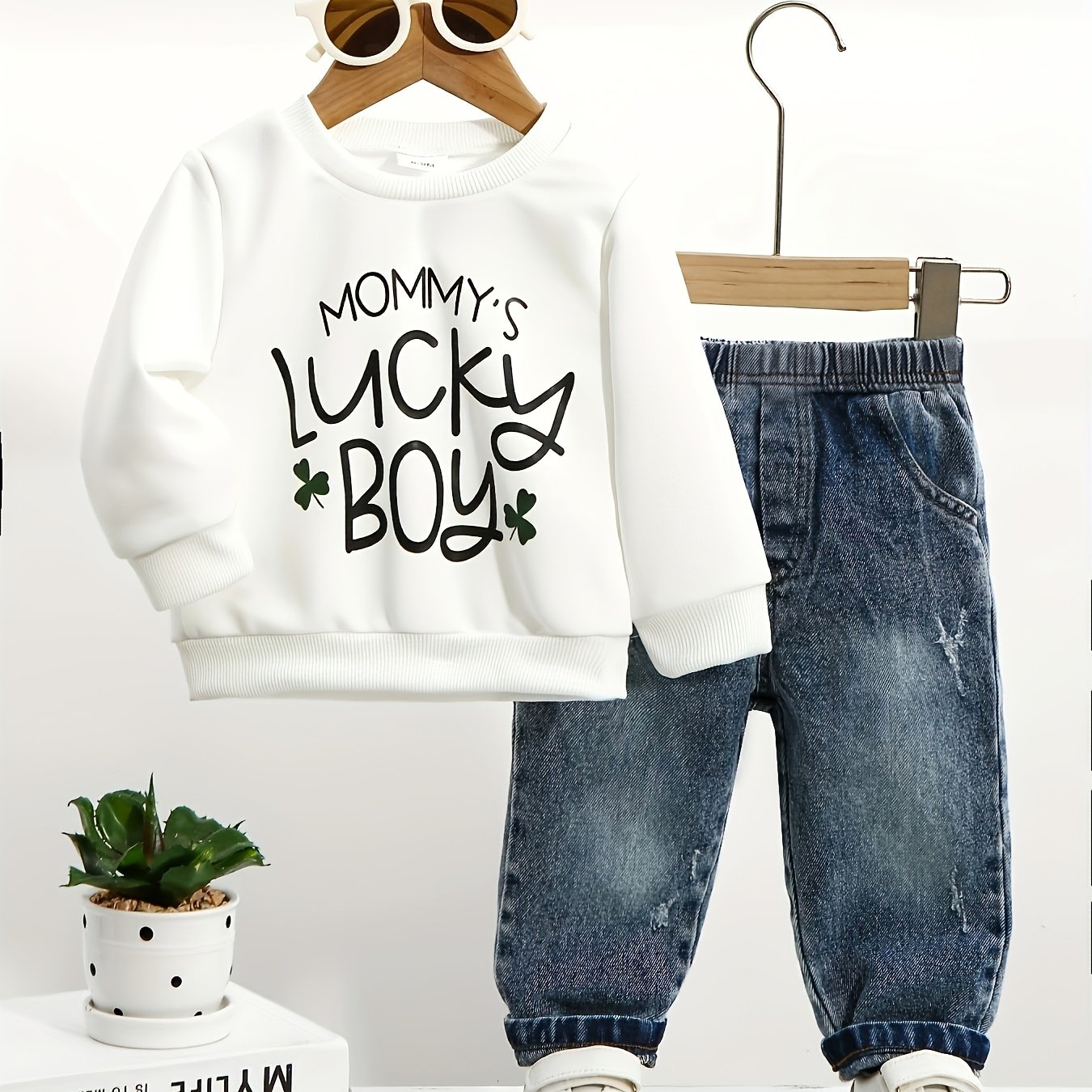 Baby Newborn Christmas Valentine's And Autumn Jeans With Cool Sweatshirt 2pcs Set, For Outdoor, Boys And Girls Clothes