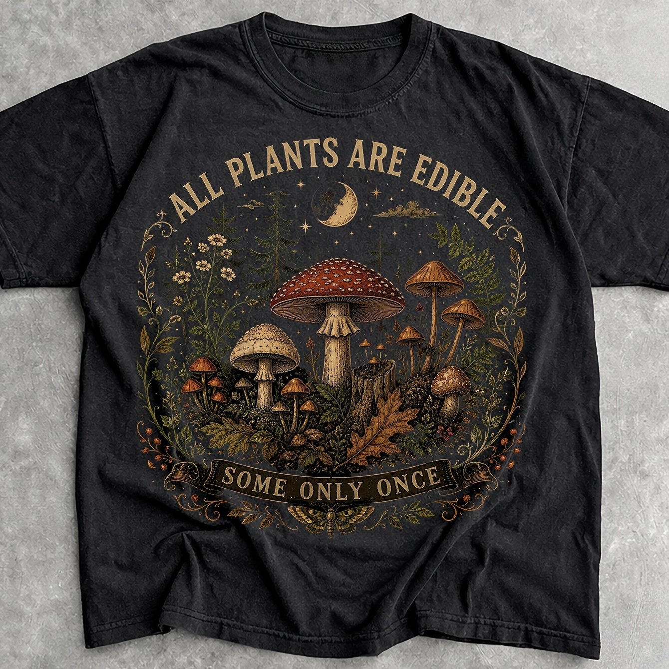 Image of All Plants Are Edible Retro Botanical Skull Nature Short Sleeve T-shirt Crew Neck, Summer Clothes Fit