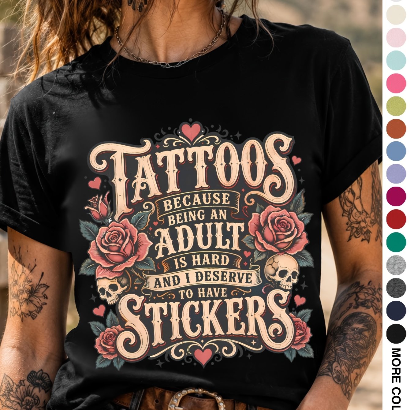 TEMU Casual Women's T-shirt Tattoo Lover Letter Print Round Neck Short Sleeve Printed Top, 2-way Layering/solo Wear, Spring Summer & Commute-ready