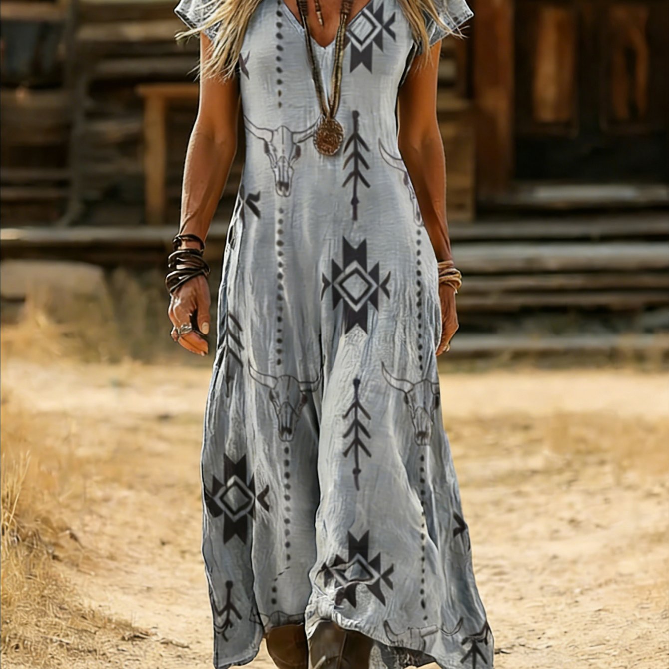 Image of And Summer V-neck Long Dress For Women, Featuring A Vintage Ethnic Print And Short Sleeves In A Western Cowboy Style. Made From Stretchy Material, This Comfortable And Casual Dress Is Machine Washable