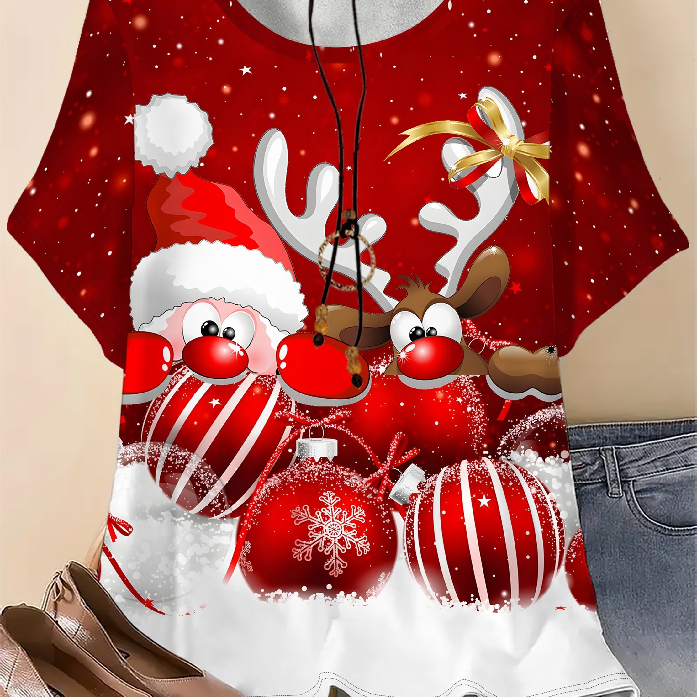TEMU Plus Size, Women's Plus Size Snowman Print T-shirt - Casual Short Sleeve Round Neck Blouse With Full-body Winter Pattern, Machine Washable For
