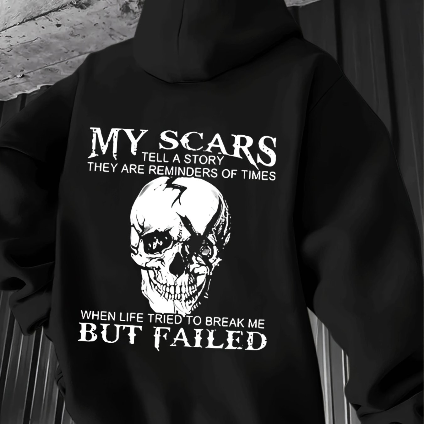 TEMU Men's Skull Design - My Scars A Tale Inspirational Print Cozy Fabric Long Sleeve Pullover With Adjustable Hood Casual Autumn Winter Streetwear