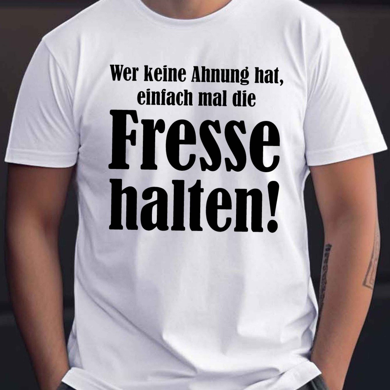 Men's Plus Size Black Casual T-shirt With German Text Print & White Slogan | Short Sleeve, Round Neck, Summer Tee, Breathable, Crew Neck, Stretch Fabric