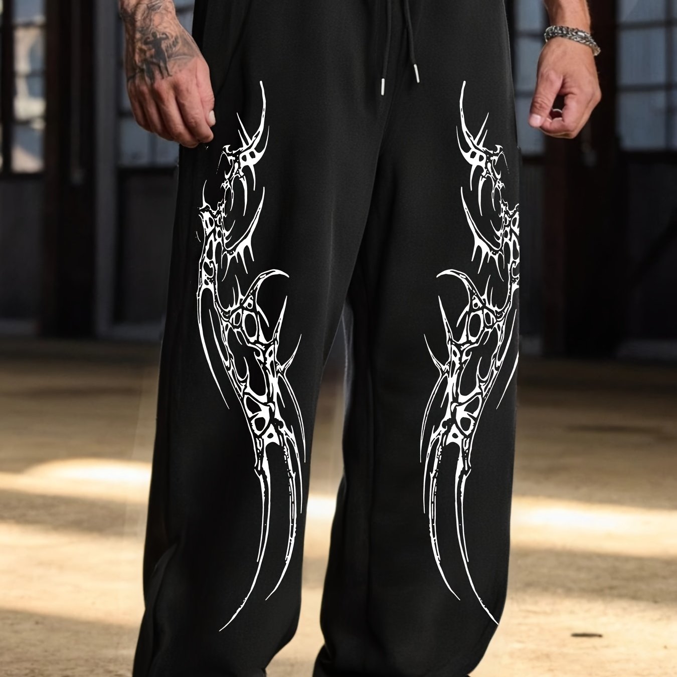 TEMU Men's Gothic Print Sweatpants | Casual Long Pants With Trendy Graphic Design, Knitted Fabric, Drawstring, Loose Fit, Perfect For Weekend Casual