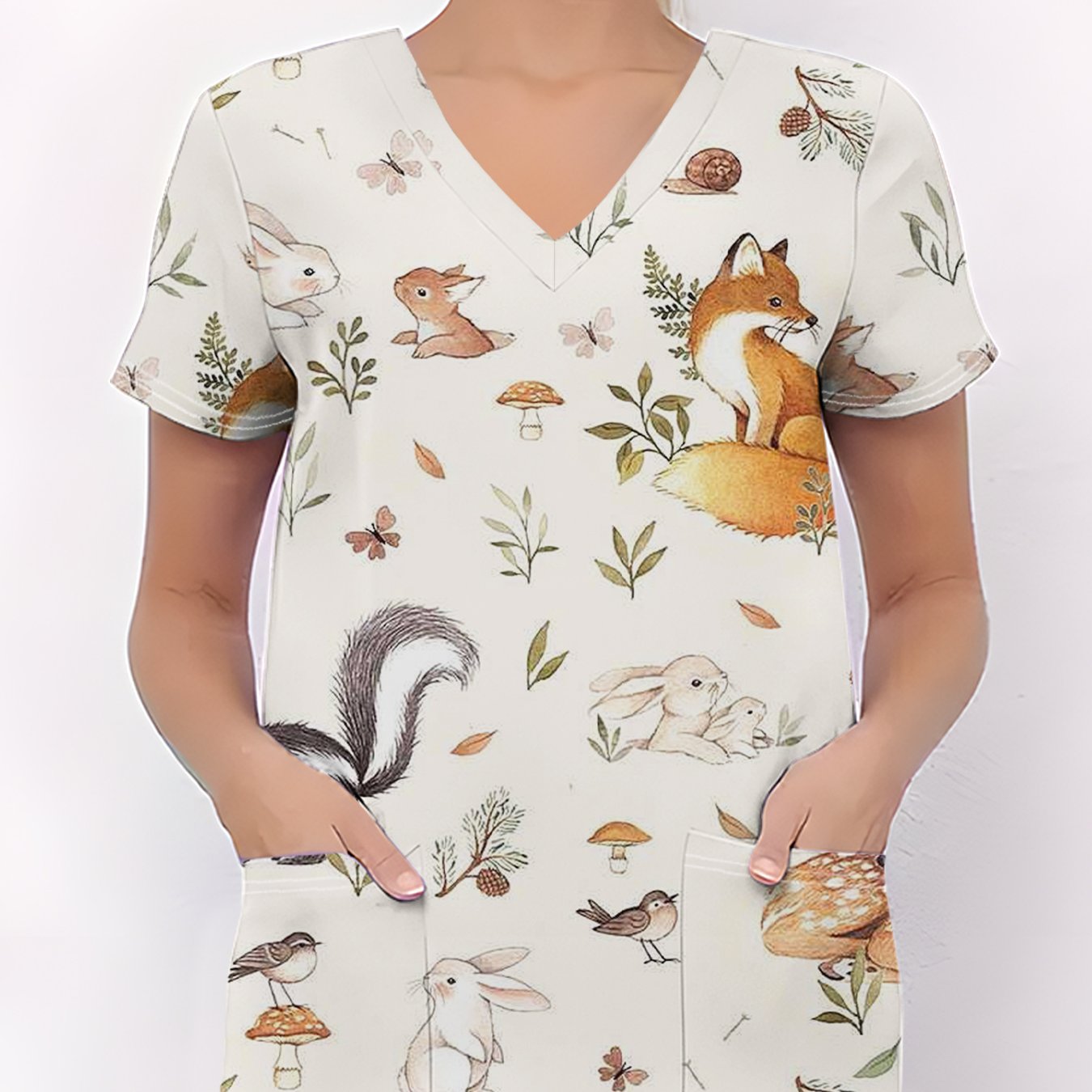 TEMU New Uniforms Featuring A Stylish V-neck Short Sleeve Design With Pockets, And Cute Cartoon Patterns, Made From Comfortable And Elastic Fabric