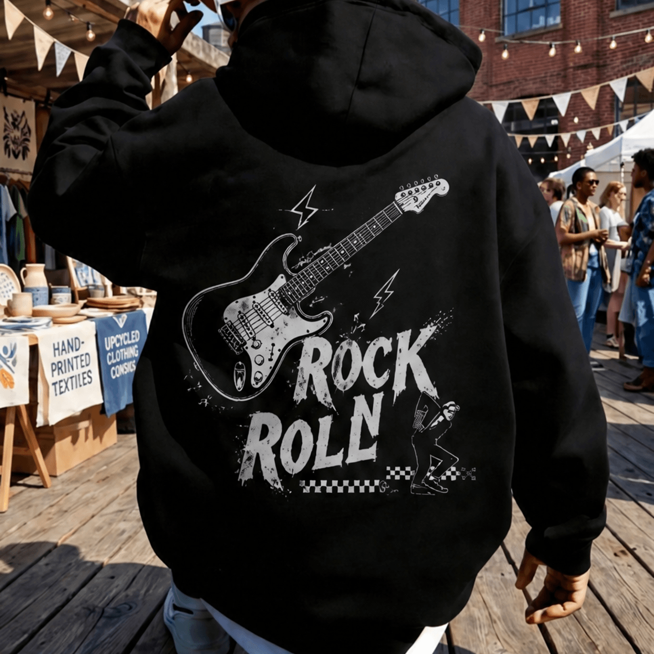 Image of 's Hoodie Rock And Roll Electric Guitar Graphic Trendy Print Sweatshirt Casual Streetwear Style For Man's Hoodie Thickened Sweatshirt Autumn Winter Outdoor Market Festival Gift For Friend