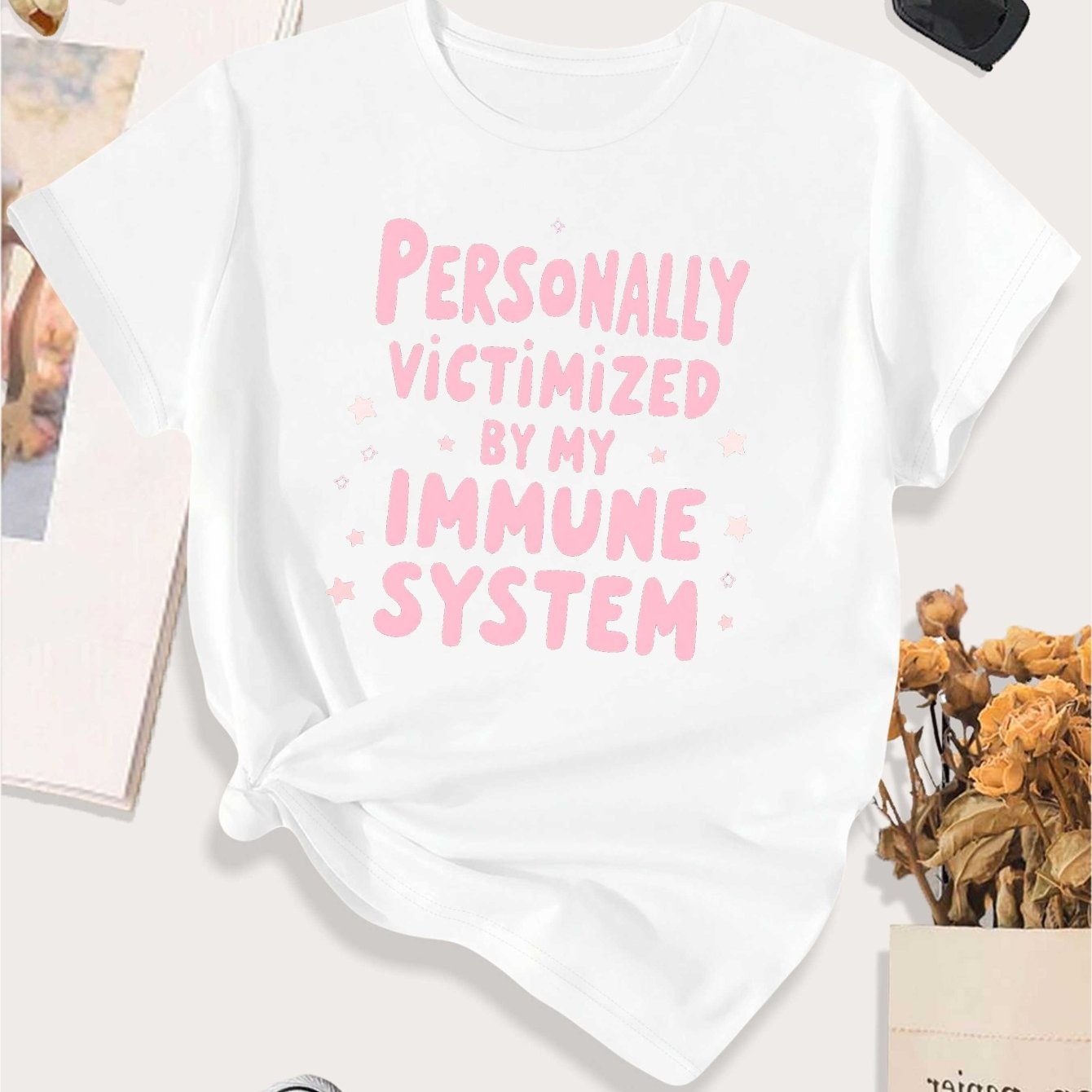 TEMU Women's Large Size Funny Illness T-shirt - "personally Victimized By My System" Slogan, Casual Round Neck Tee With System, Machine Washable For
