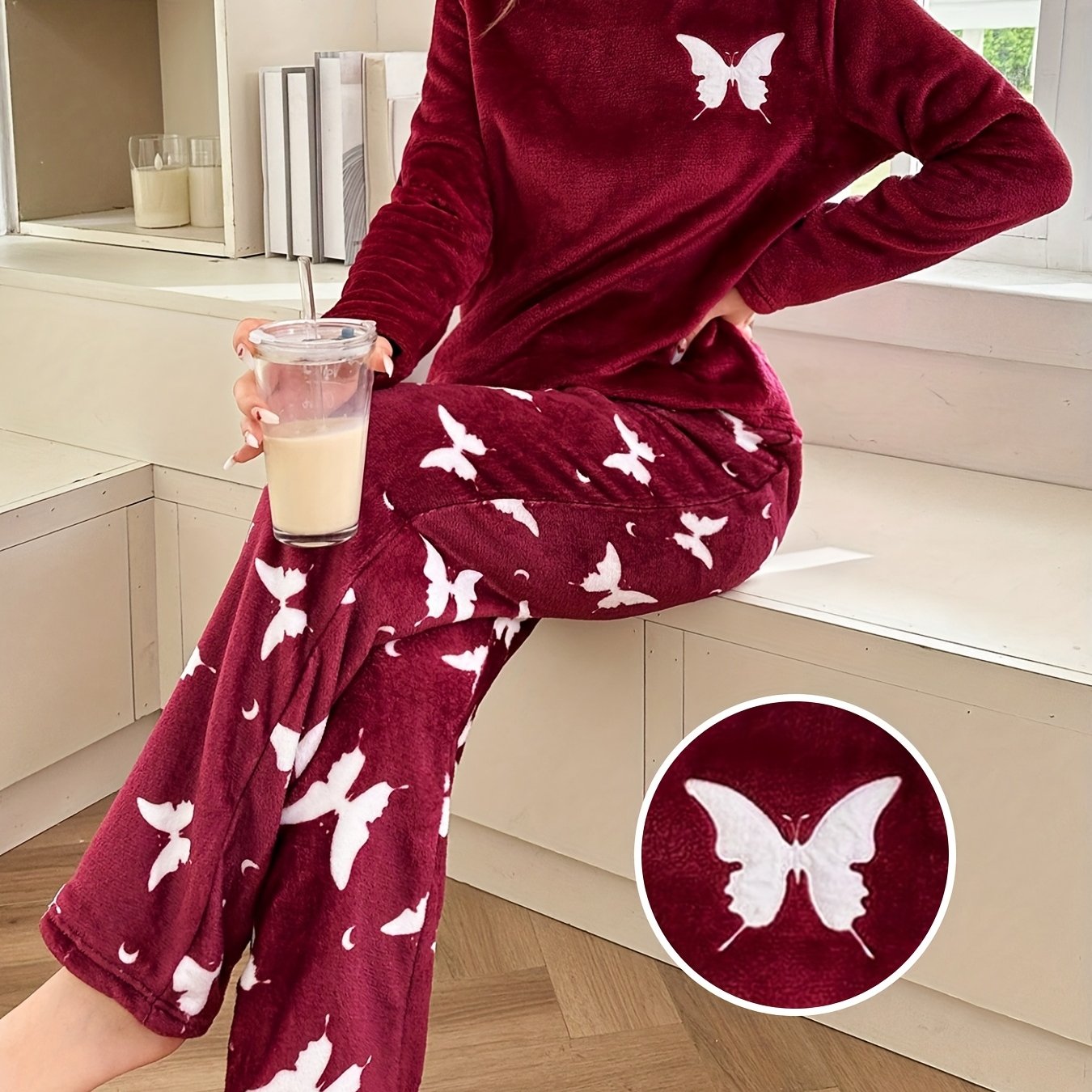 TEMU Women's Warm Pajama Set With Long Sleeve Plush Flannel Print Loose Top And Red Comfortable Pants, Casual Two-piece Loungewear