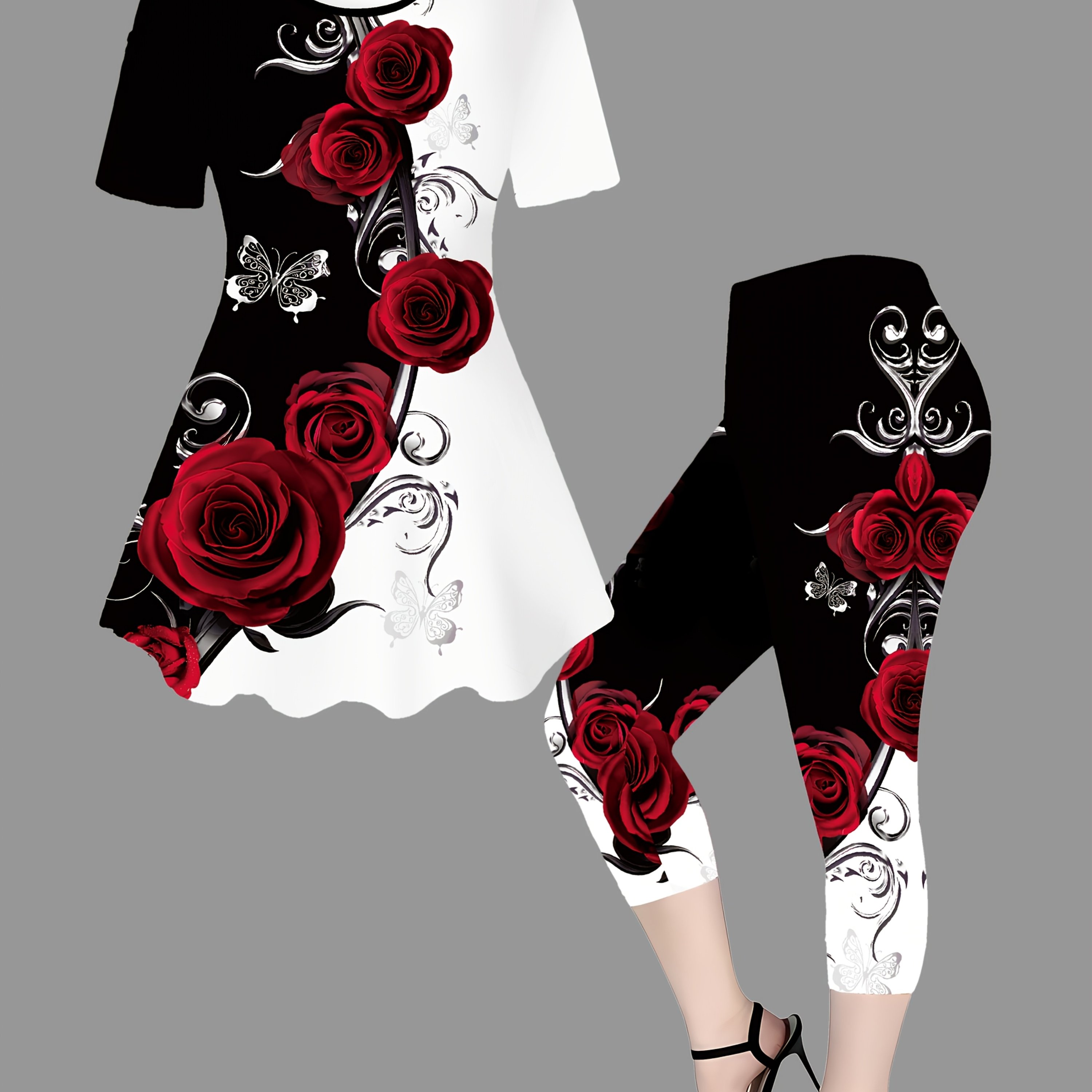 Spring/ Red Rose Pattern Casual Round Neck Short Sleeve Top And Solid Color Tight Pants Set N010