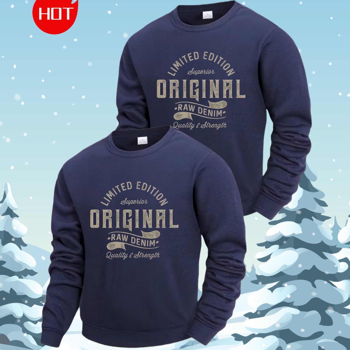 TEMU 2pcs Men's Sweatshirt, New Autumn/winter -lined Thickened Denim Statement Print Round Neck Pullover Loose Casual Versatile Top, Long Sleeve Base