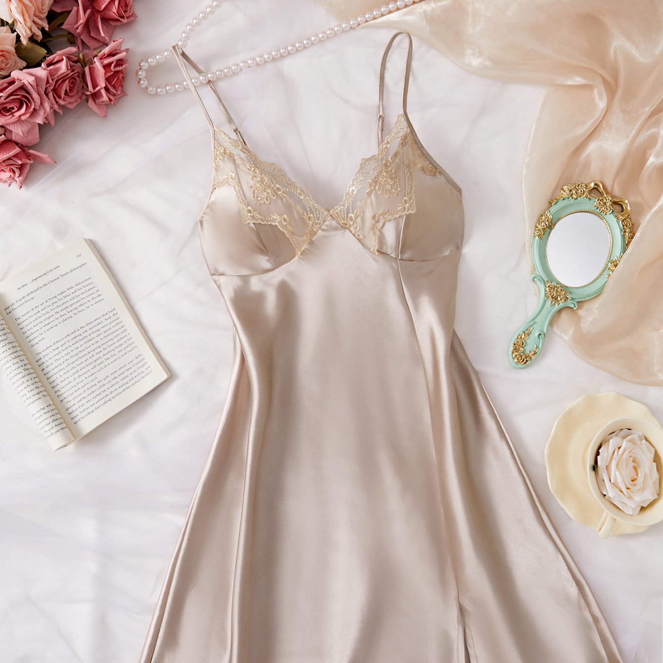 TEMU New Women's Camisole Slip Dress For Spring, Summer, And Fall, Lace Pajamas, Thin And Sexy, Casual With Slit, Worn Outdoors Or As A Gift