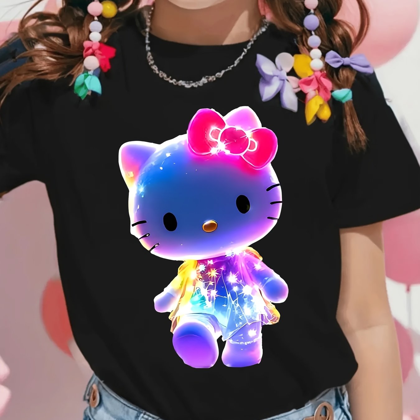 TEMU Licensed Hello Kitty Girls To Blue Gradient T-shirt - Soft Breathable Cotton Tee, Official Girls Casual Everyday & Party Outfit, Children's