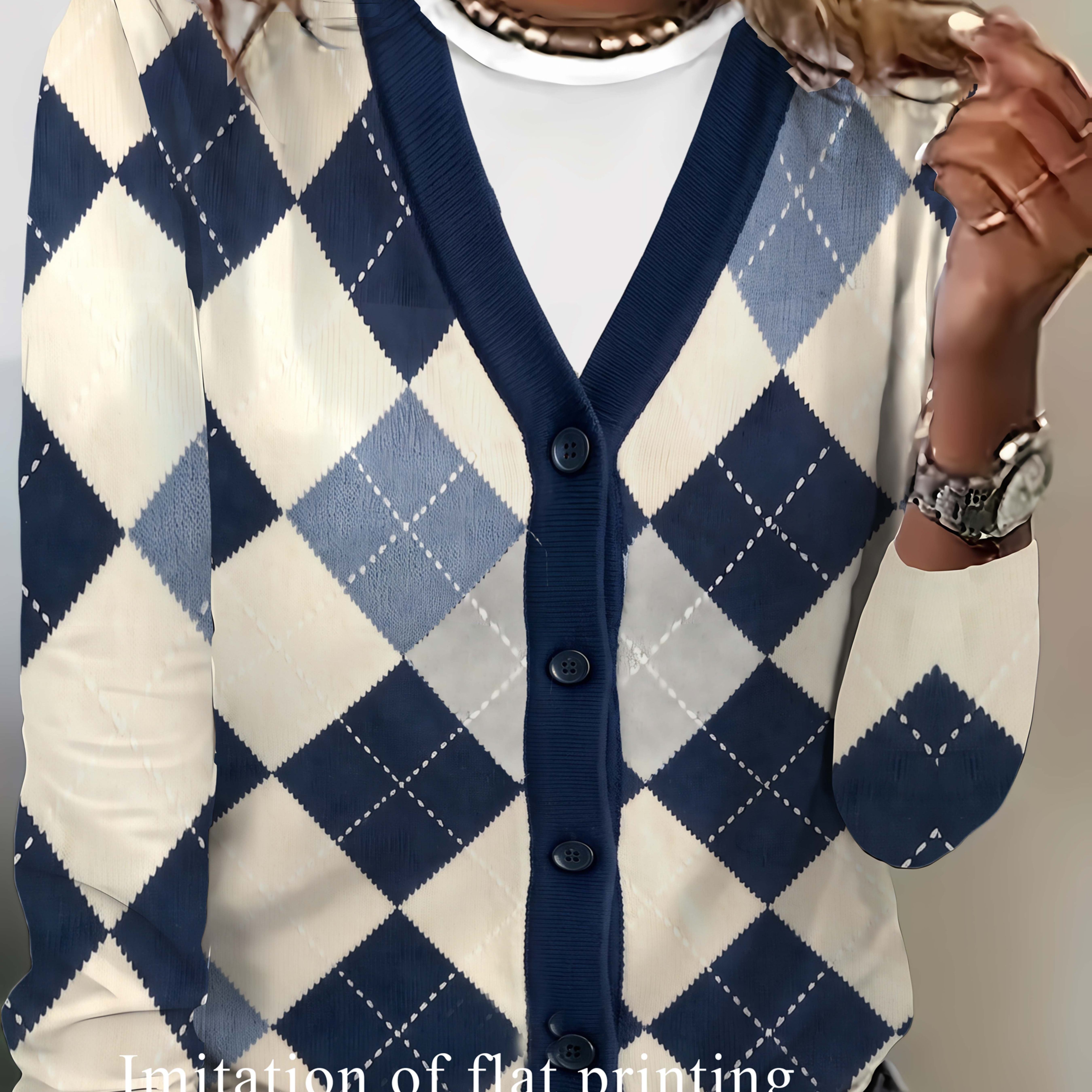 TEMU 2d Printed Design, Texture-free, European And Size V-neck Long Sleeve Top For Women, Vintage Rhombus Pattern Fake Cardigan With Buttons, Preppy