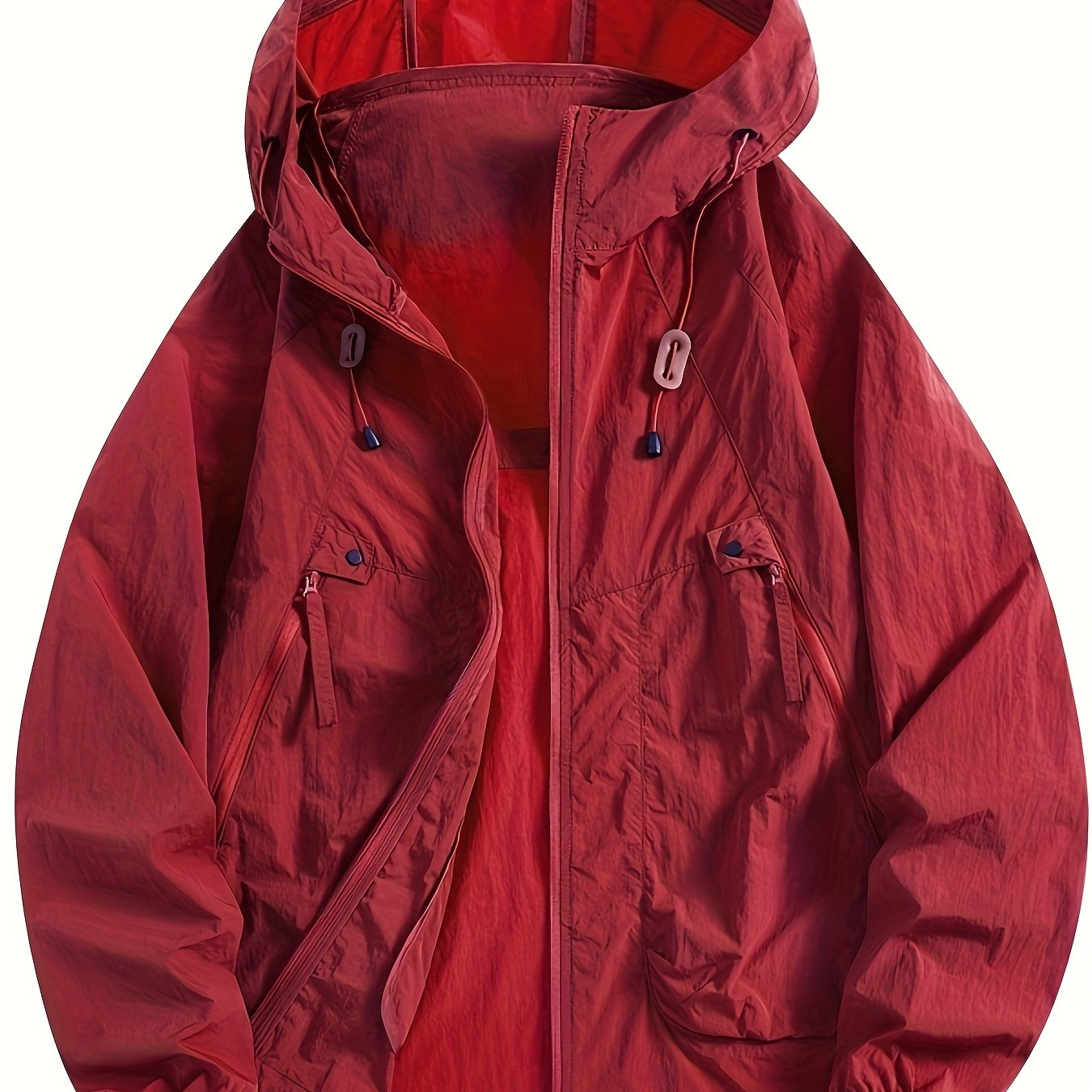 TEMU Men's Lightweight Windbreaker Jacket - Summer Casual Loose Fit Hooded Zip-up With Adjustable Drawstring, Woven Fabric For Spring/autumn Outdoor