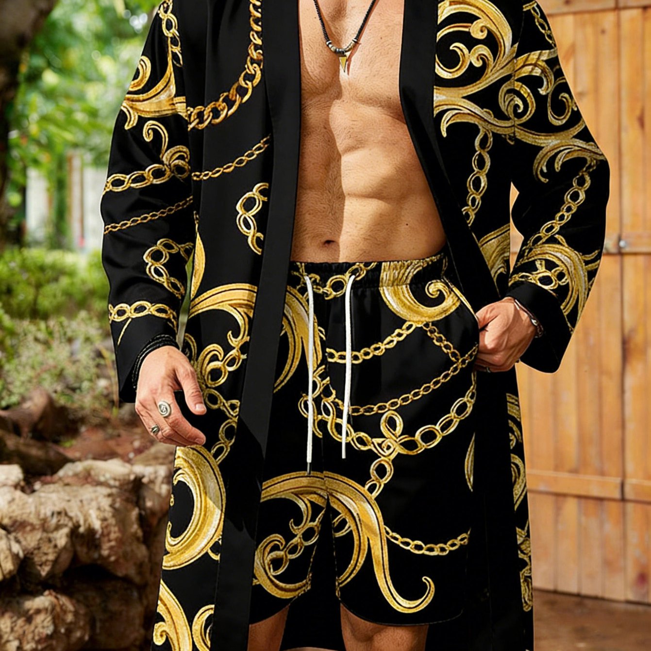 TEMU Plus Size Men's 2pcs Outfit, Baroque Print Open Front Long Kimono Robe & Drawstring Casual Shorts Set, Lightweight Beach Vacation Outfit For