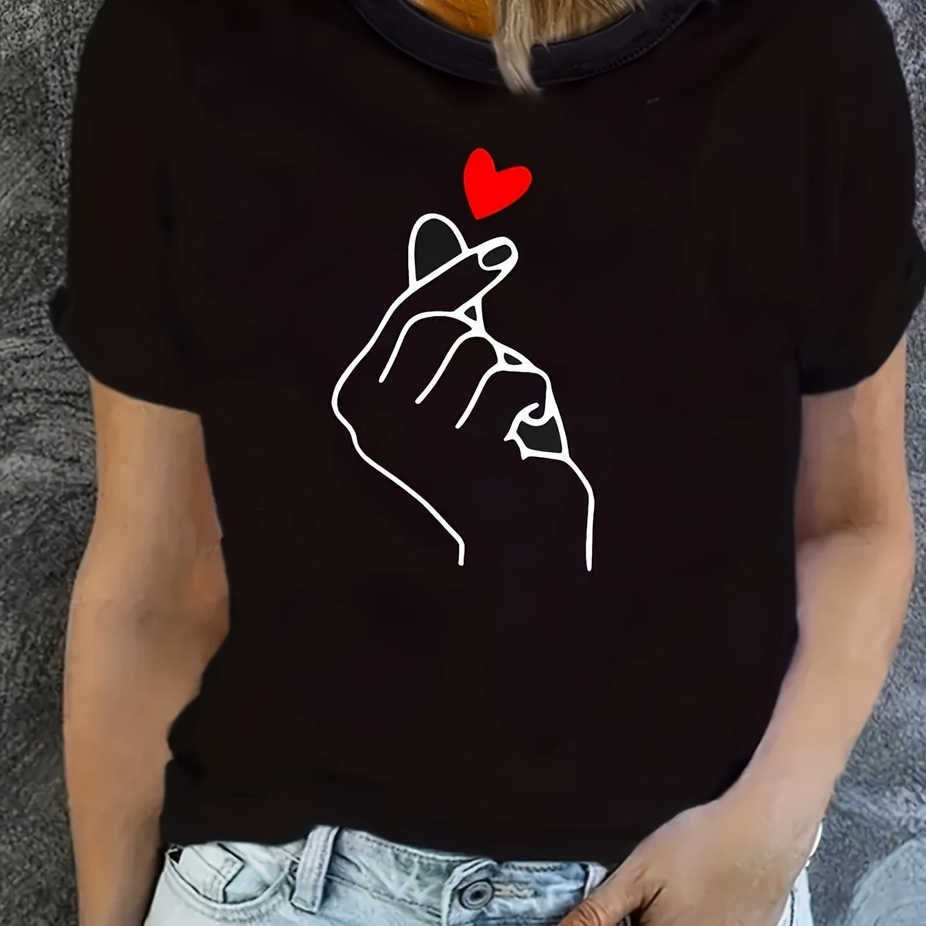 Image of Plus Size, Women's Casual Round Neck T-shirt, Heart Hand Gesture Pattern Print, Short Sleeve Fabric Top, Fashion