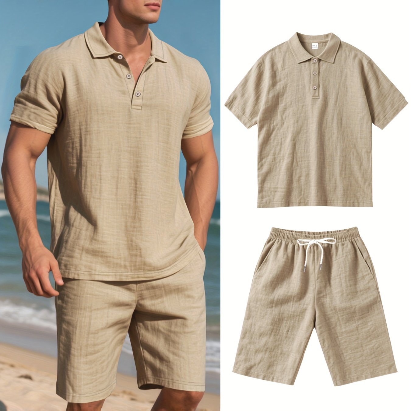 Men's Linen Short Sleeve Shorts Set, Summer Outdoor Sports Casual Breathable Short Sleeve Shirt With Shorts