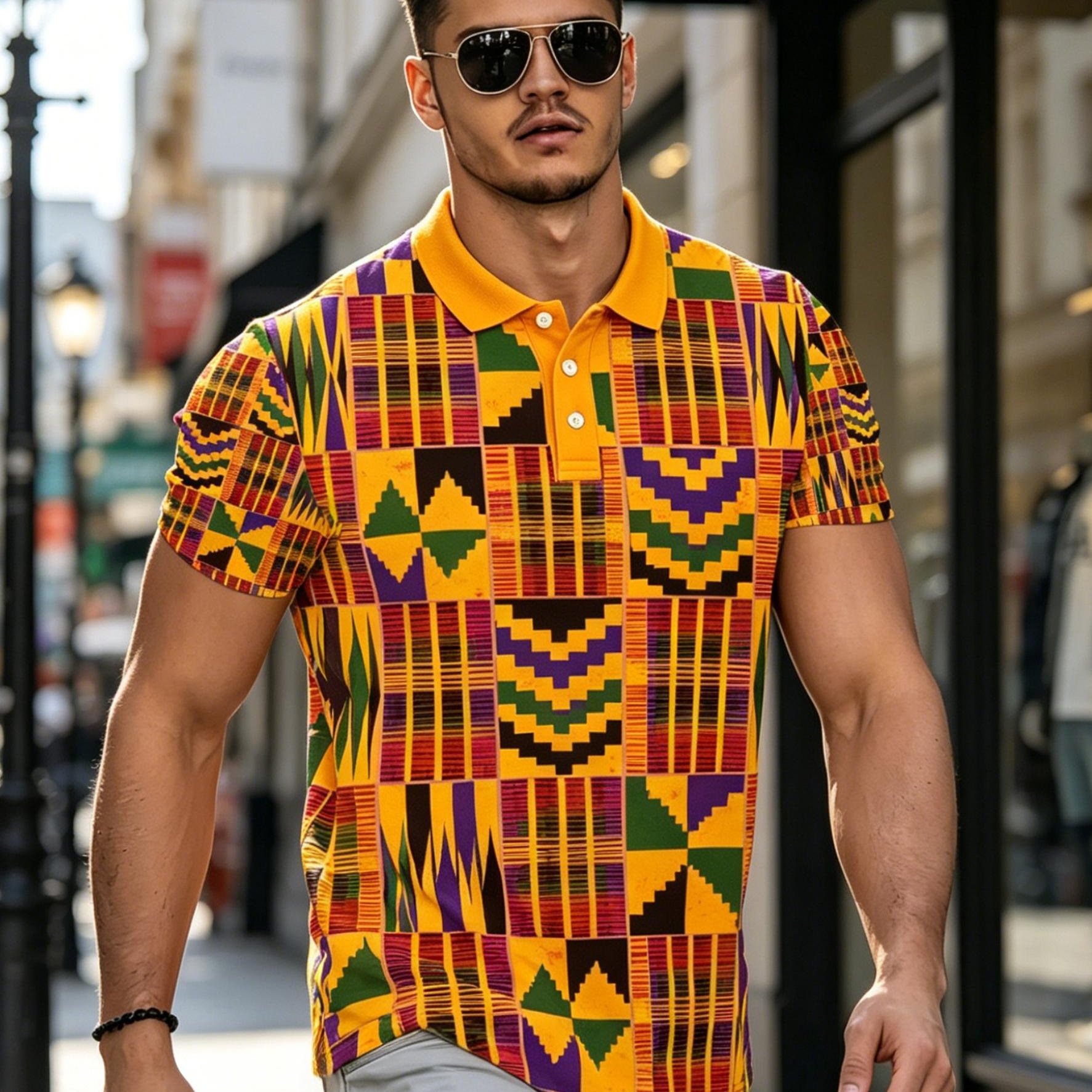 TEMU [printed Design - Not Textured] Men's Summer African Ethnic Geometric Print Short-sleeve Shirt, Orange-yellow Comfortable Lapel Collar Casual