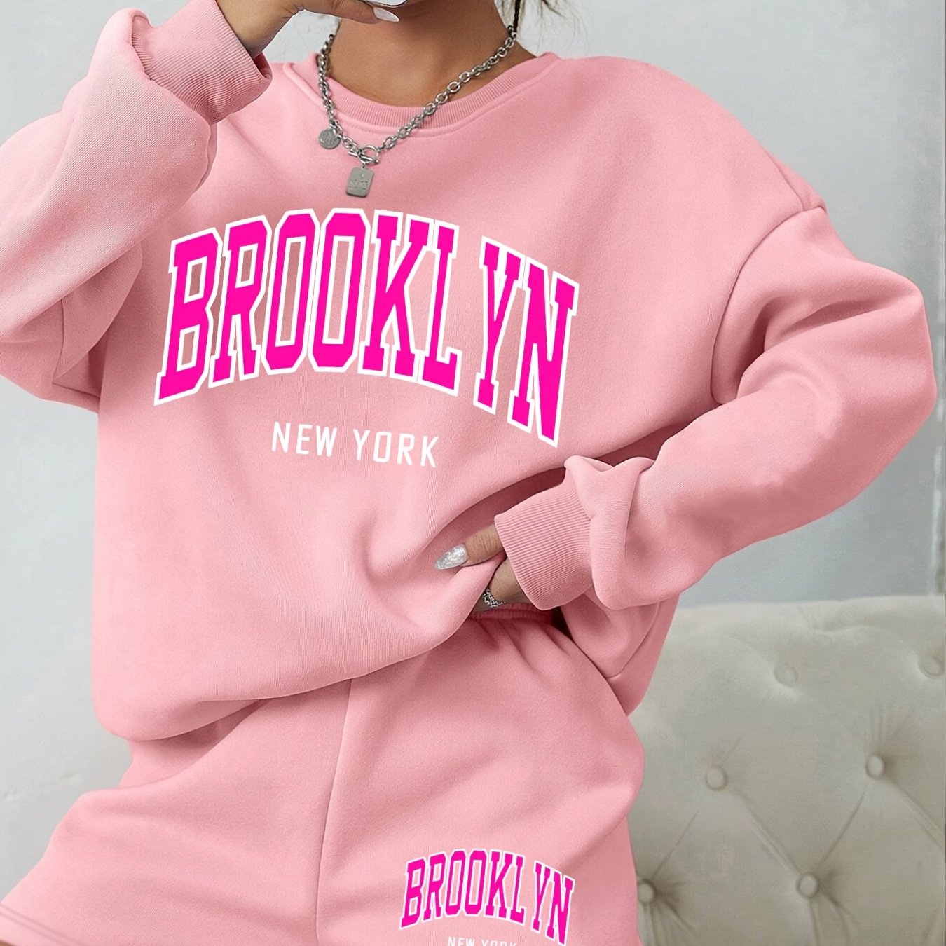 TEMU 1 Set Pink Round Neck Sweatshirt And Shorts Outfit, Letter Print Round Neck Long Sleeve Top And Shorts