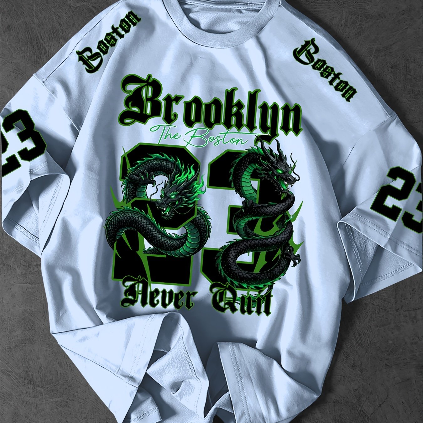 TEMU Men's Brooklyn 23 Green Dragon Print T-shirt - Oversized With Dragon, Loose Fit Short Sleeve Round Neck Summer Shirt Suitable For Casual Wear &