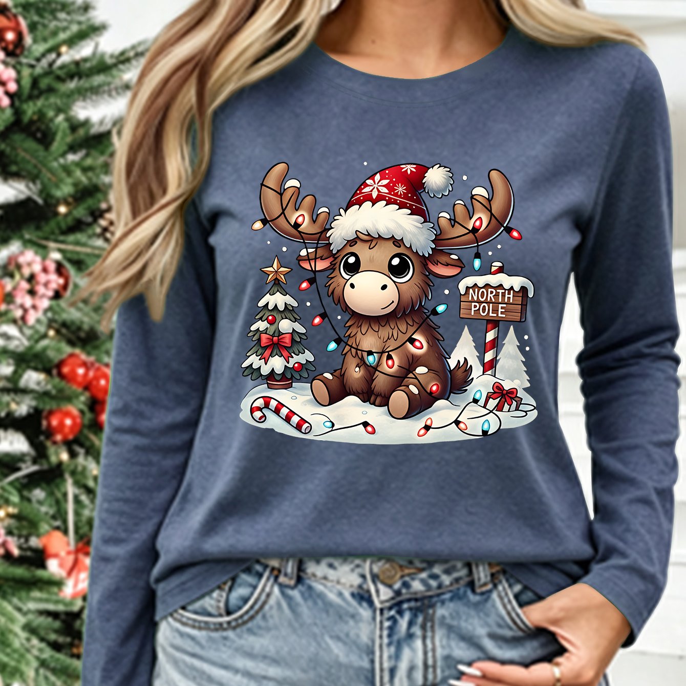 TEMU Plus Size Women's Long Sleeve For Christmas | Cute Arctic Circle North Pole Print, Lazy Loose Fit, -friendly Elastic Thin Fabric, Fall Daily ,