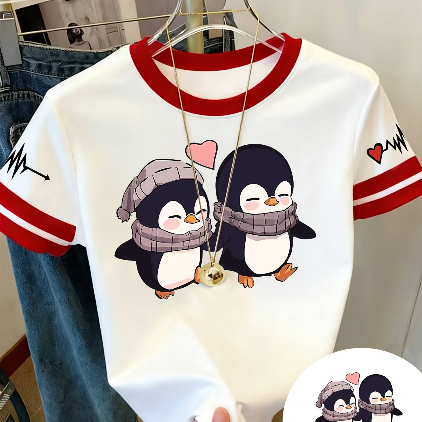 TEMU 여성용 컬러 블록 티셔츠, 달콤한 펭귄 데이트 프린트가 특징입니다. 통기성이 좋은 라운드넥과 반팔 디자인으로 여름에 완벽합니다. 루즈핏으로 봄 축제 및 새해 선물로 좋습니다.