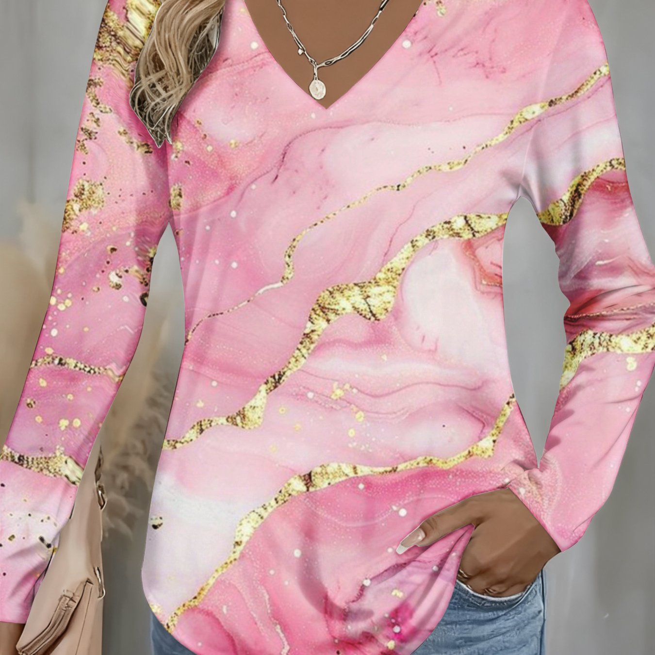 TEMU Plus Size, Women's Plus Size Pink & V-neck Long Sleeve T-shirt - Full-body Blouse For Fall/winter, Machine Washable Weekend Outfits, Gift For