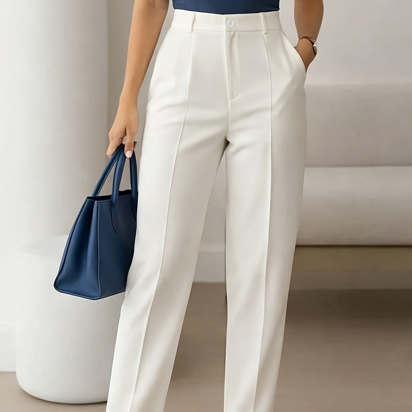 TEMU Women's Elegant High-waist White Trousers, Simple And Stylish, Comfortable, Slim-fit, And Versatile Pants -