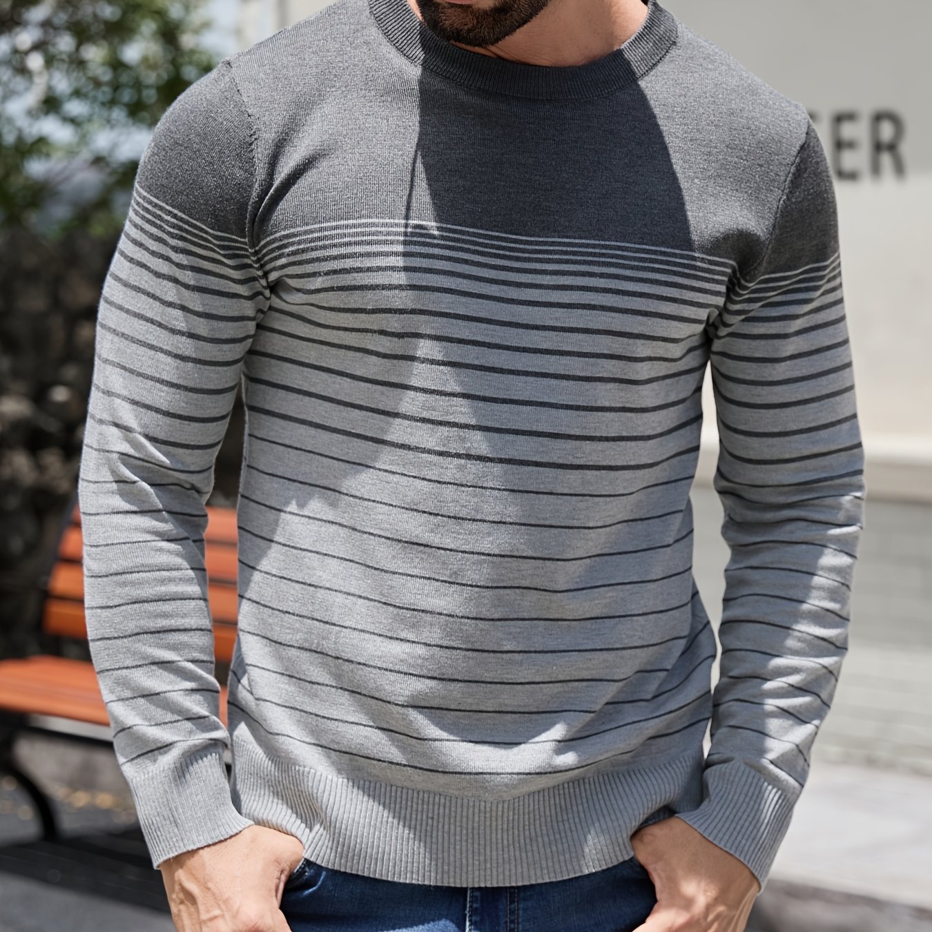 Men's Warm Base Layer Sweater, Spring/autumn Casual Striped Pullover Color-block Round Neck Knit Shirt