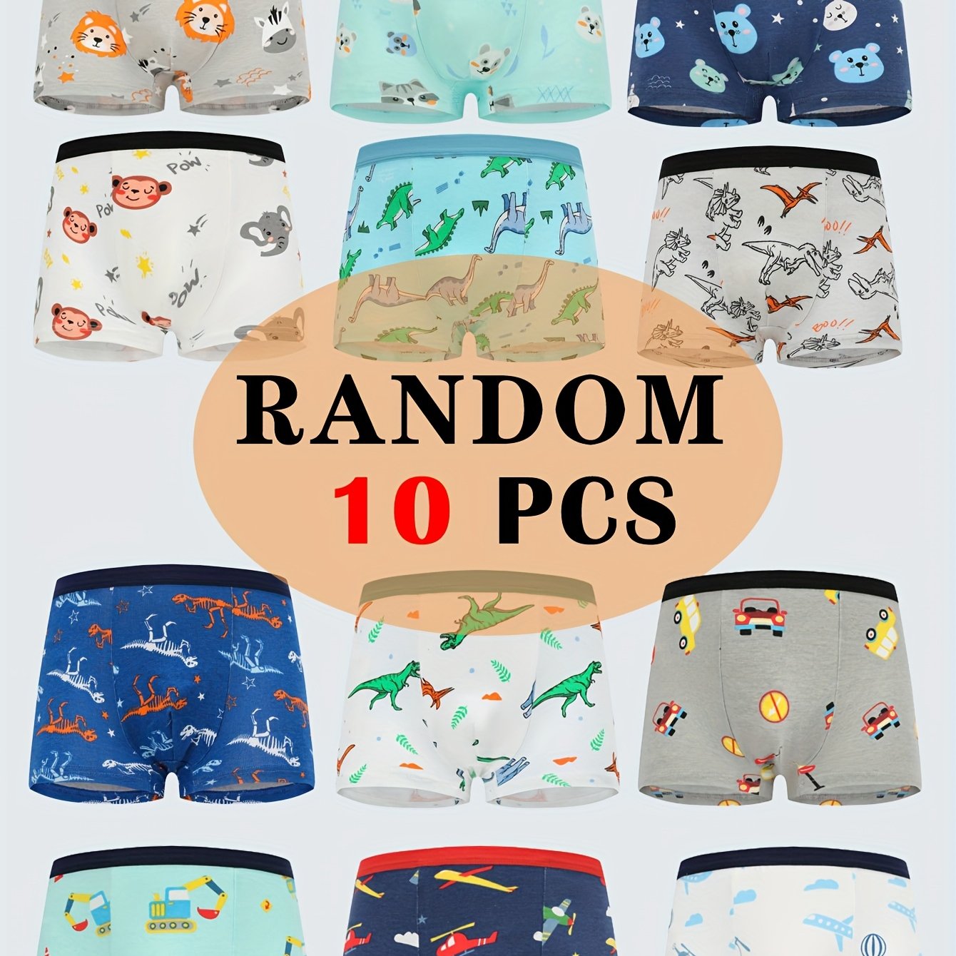 Random 10pcs Assorted Boys' Boxer Shorts Featuring Cartoon Animal Designs, Made From Elastic And Comfortable Material