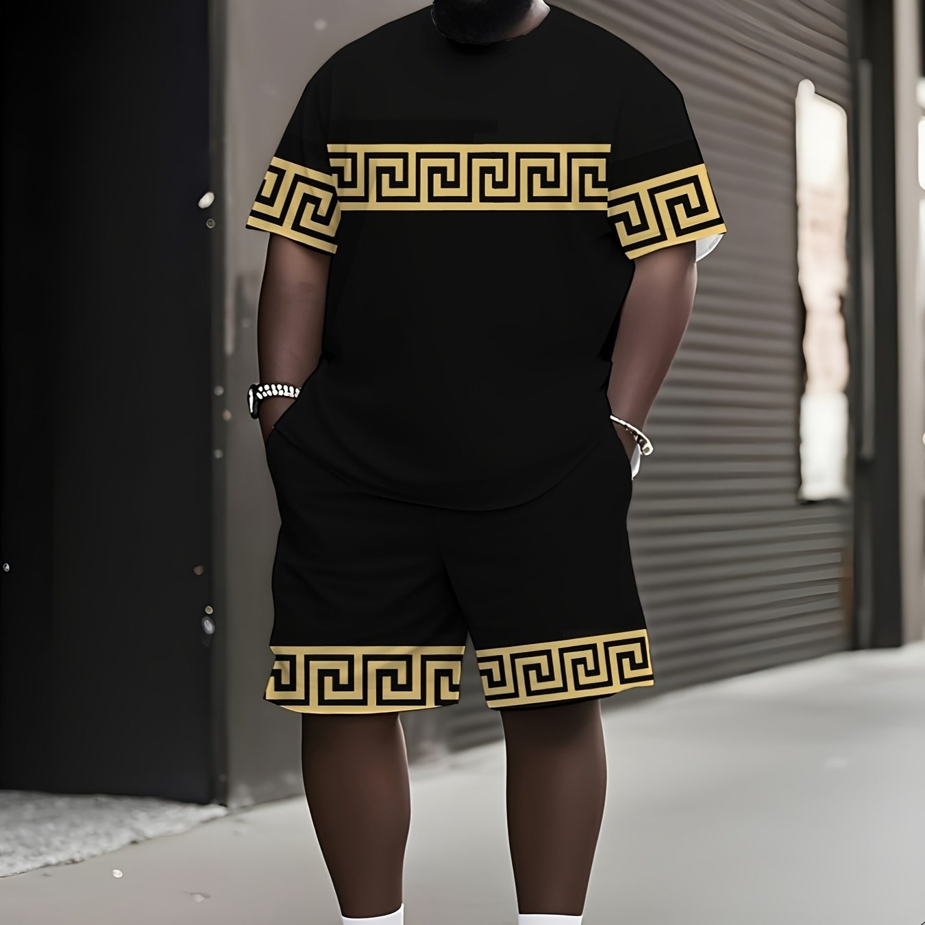 TEMU Completo estivo casual da in stile vintage, composto da due pezzi, con motivo geometrico, maniche corte e shorts, taglie forti