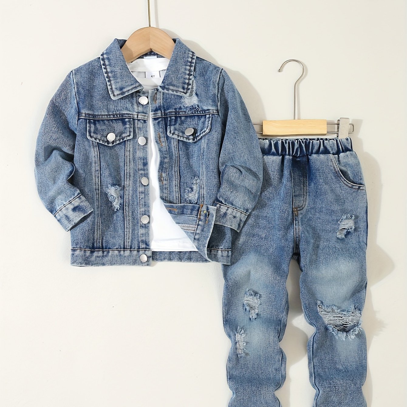 Image of Autumn Winter Boys' Thickened Denim Casual Jacket, Long Sleeve T-shirt And Fashion Distressed Jeans 3pcs Set, For Outdoor