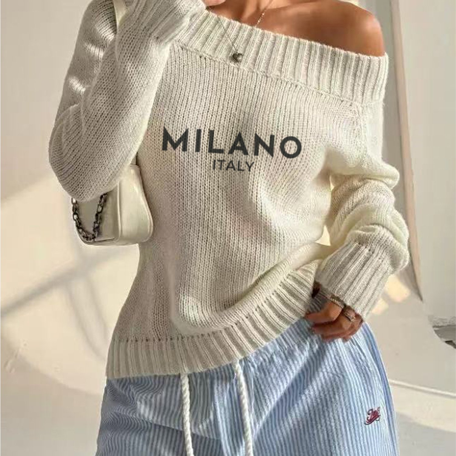 TEMU Women's Printed Off-the-shoulder Sweater, Loose Off-shoulder Reversible Lazy Style Thin Long-sleeve Sweater