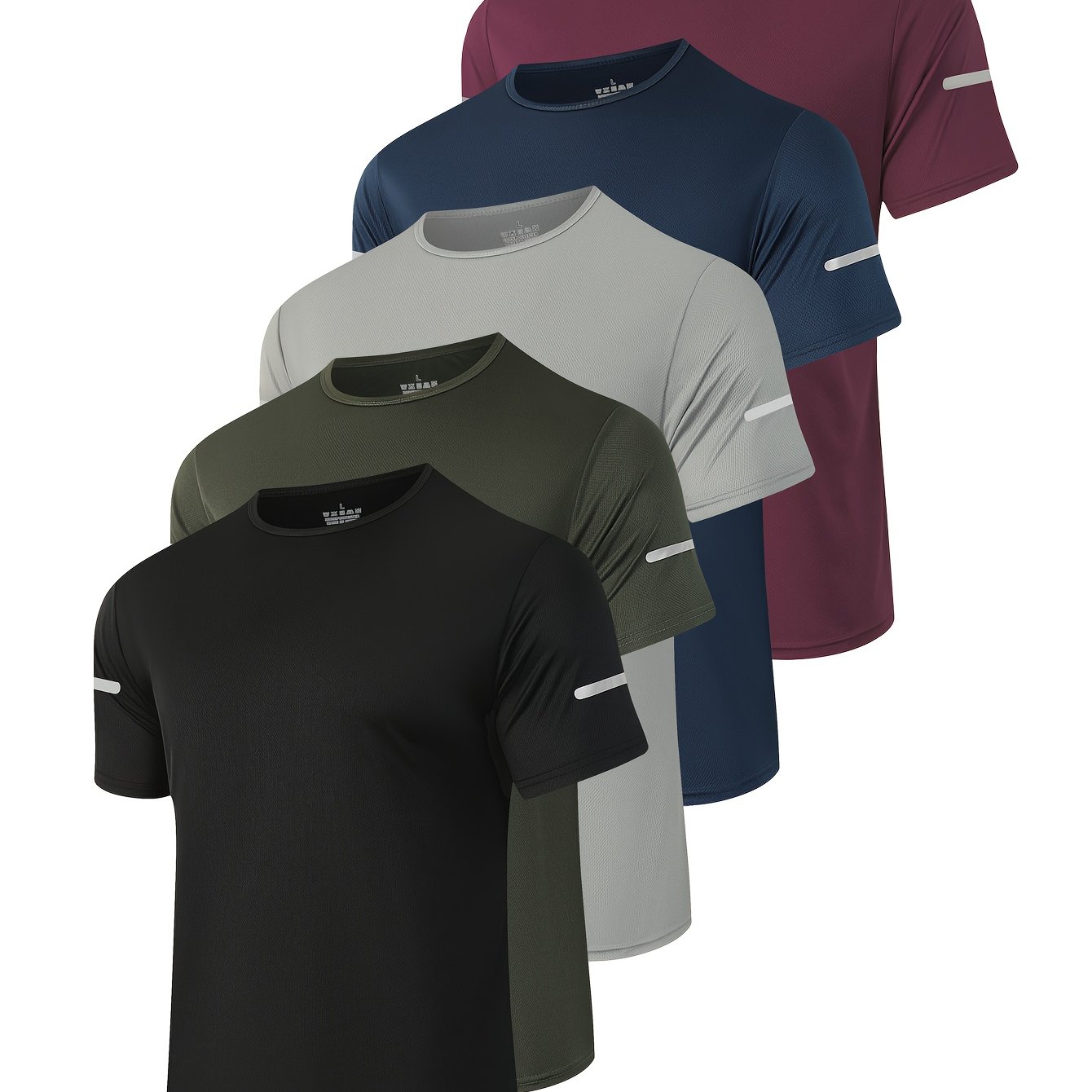 Image of 5 Items, Men' Sports T-shirts With Reflective Strips, Breathable And Quick-dry Short-sleeve Crew Neck T-shirts, Moisture-wicking Tops For , Suitable For Fitness And Running