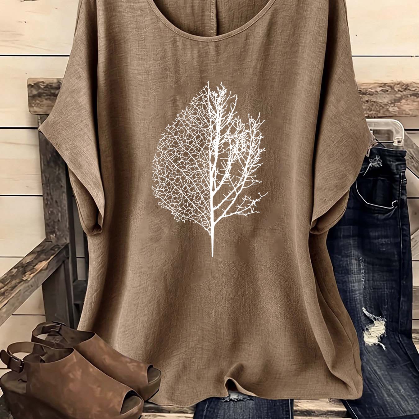 TEMU European And Easy Bohemian Style Retro Round Neck Short-sleeved Shirt, One-piece Women's Shirt, Retro Women's Clothing, Women's Shirt, Spring,