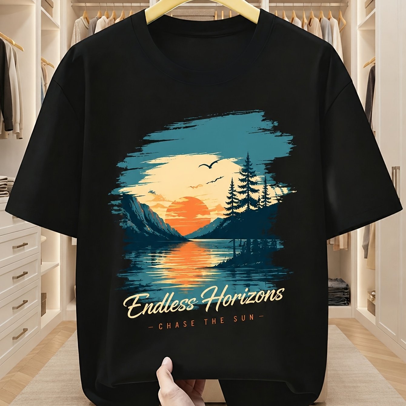 Image of Men' Lake Landscape Graphic T-shirt, Short Sleeve Crew Neck Retro Style Casual Tee For And Outdoor Daily Wear, Plus Size