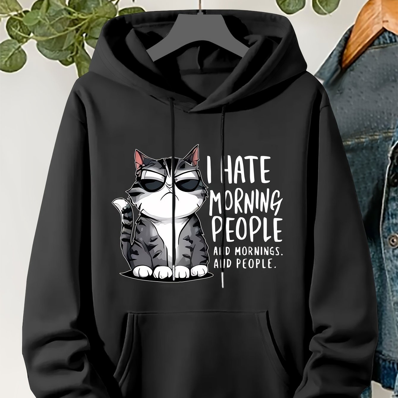 TEMU Cozy Fleece Hoodie With Cute Cat & Letter Design - Casual Pullover With Kangaroo Pocket, Machine Washable - Women's Fall/
