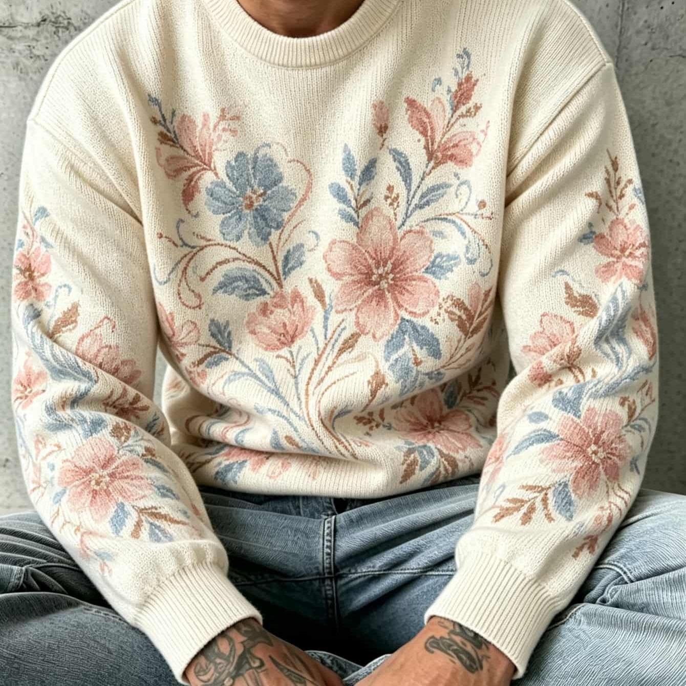 Image of 2d Flat Print Men's Fashion Lightweight Sweater, Men's Casual Pullover Long Sleeve -friendly Breathable Knit Daily Retro Artistic Full Floral Print Loose Drop Shoulder Fit Men's Spring Autumn Clothing